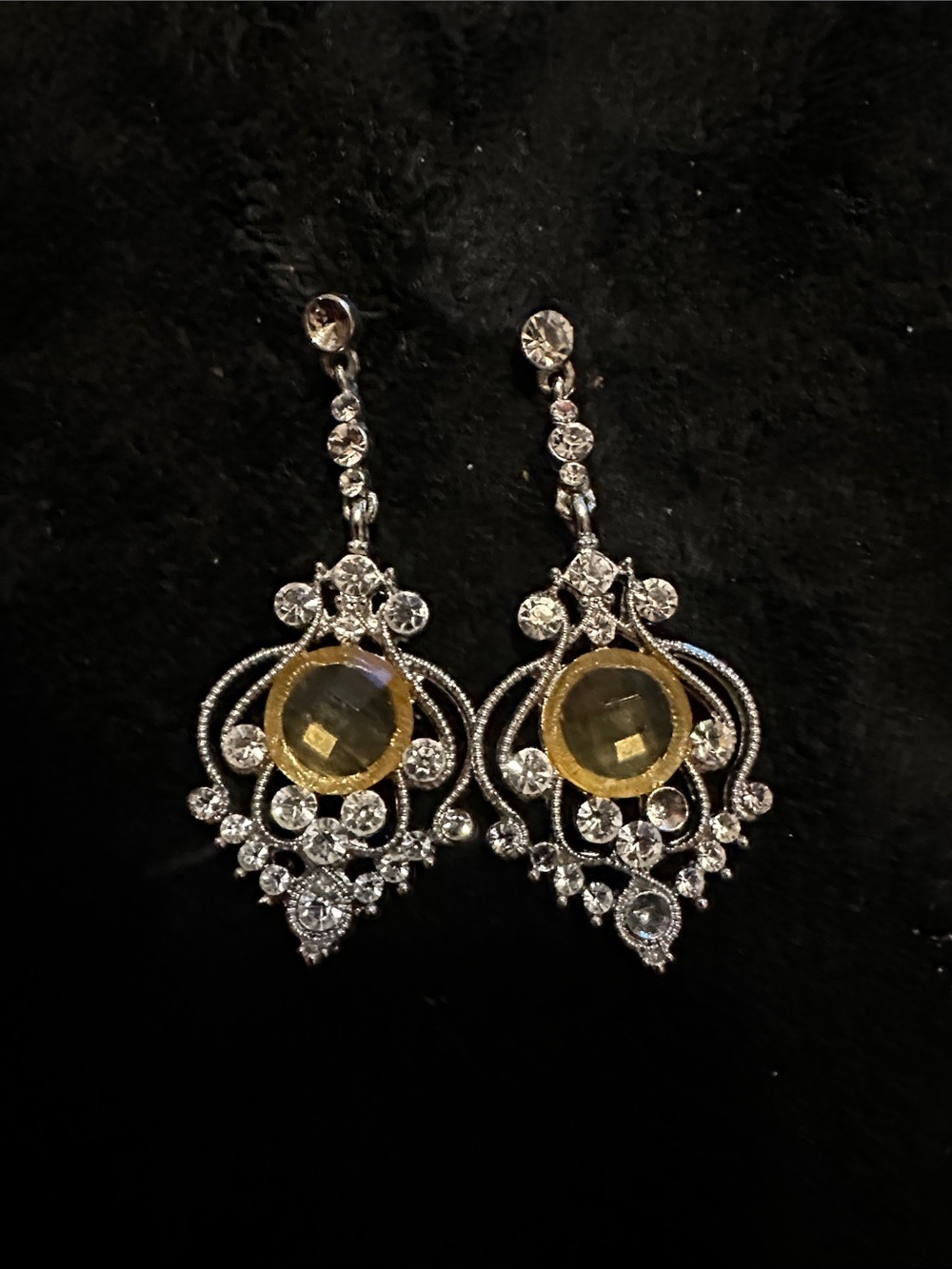 Yellow Faux Crystal Drop Earrings with Silver Accents Elegant Evening STATEMENT